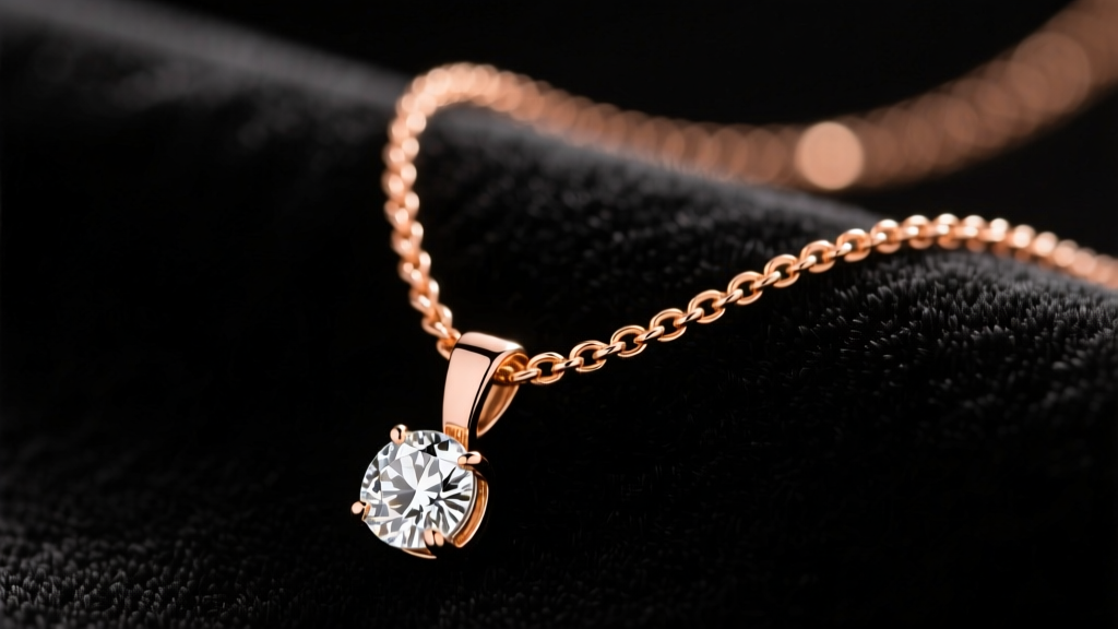 A unique diamond necklace with a rose gold chain and palladium pendant bail, highlighting warm contrast on dark black velvet.