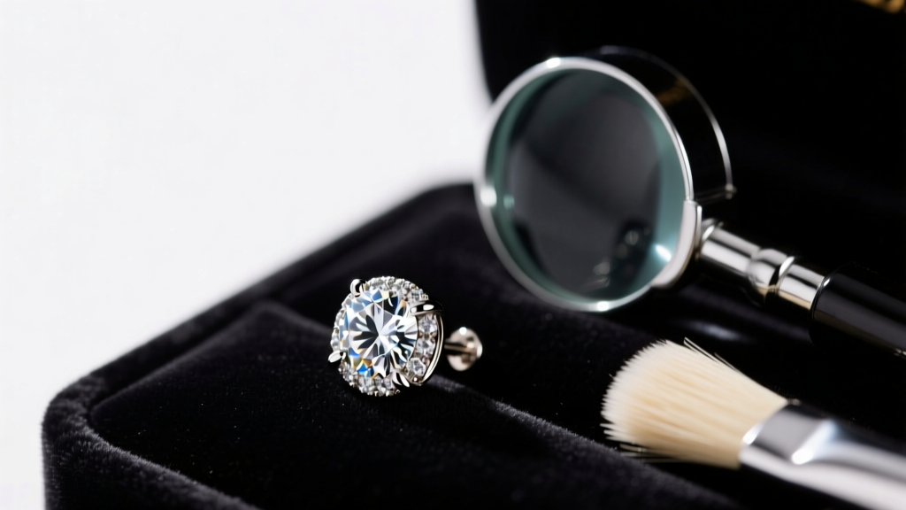 Macro shot of micro-pave diamond earring post on dark velvet next to a 10x jeweler loupe and soft brush, bright studio lighting.