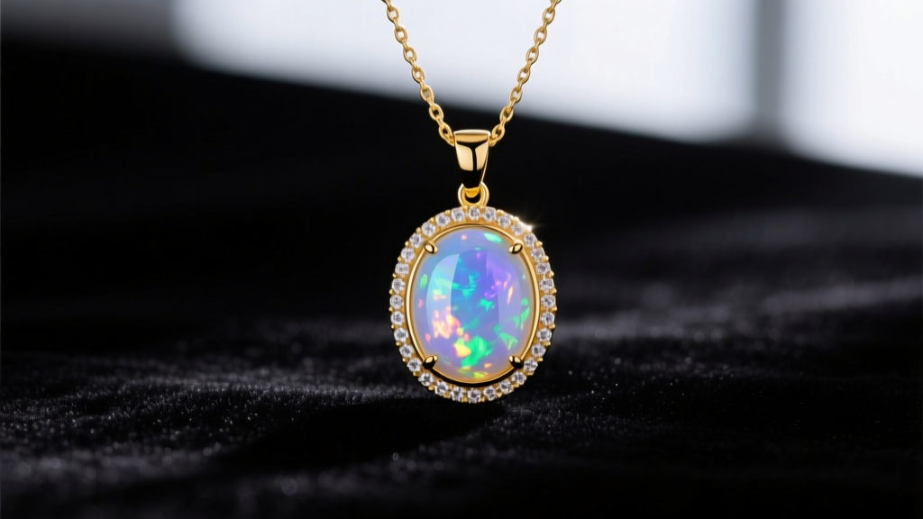 Smooth high-dome opal cabochon necklace pendant in 14k yellow gold bezel resting on dark velvet under soft studio lighting