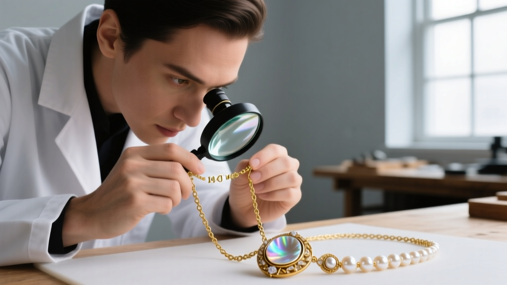 Jeweler using a 10x loupe to inspect the hallmark on a 14k gold chain attached to an antique pearl and shell cameo necklace
