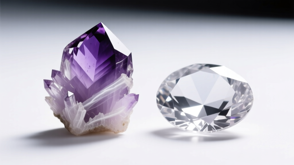 Macro shot of a natural amethyst with color zoning beside a flawless lab-created hydrothermal amethyst on a bright white background.