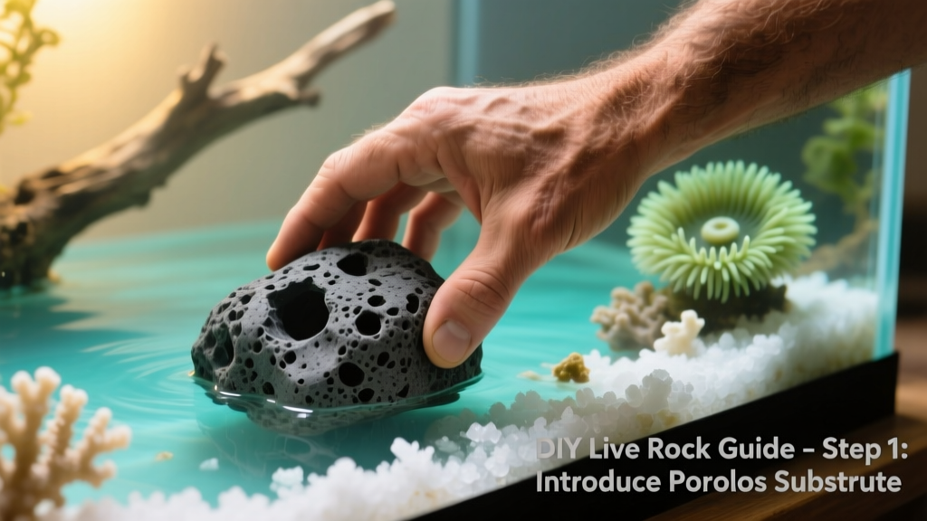Hand placing porous lava rock into a saltwater aquarium setup
