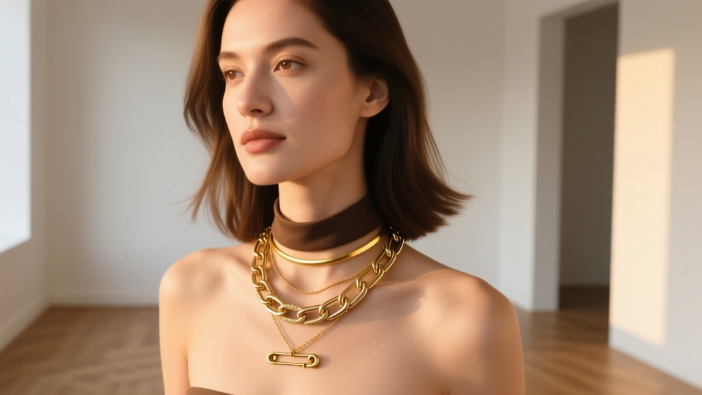 Woman wearing a layered stack with a gold safety pin pendant, a chunky paperclip chain, and a small bar necklace in warm lighting