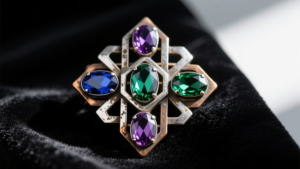 Close-up of a tarnished 1930s Art Deco pot metal brooch with dull foil-backed glass rhinestones resting on dark velvet.