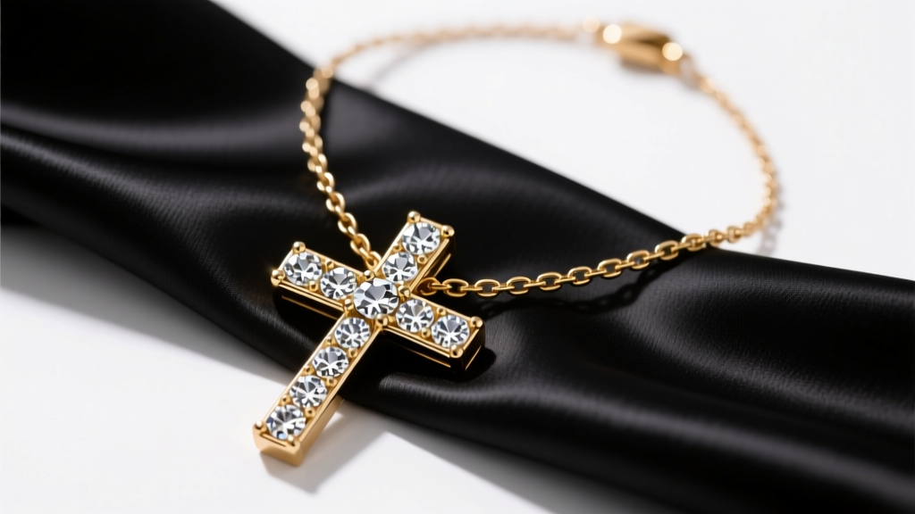 Gold-tone Guess cross necklace with pave crystals on black silk, top-down view with soft studio lighting and sharp focus