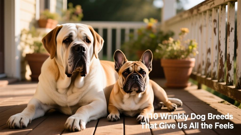 A relaxed Neapolitan Mastiff and a French Bulldog resting side-by-side on a sunlit porch, both showcasing prominent facial wrinkles