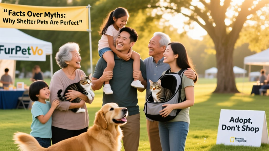 A diverse group of happy adopters—families, seniors, and individuals—smiling alongside their newly adopted dogs and cats at a FurPetVo community adoption event