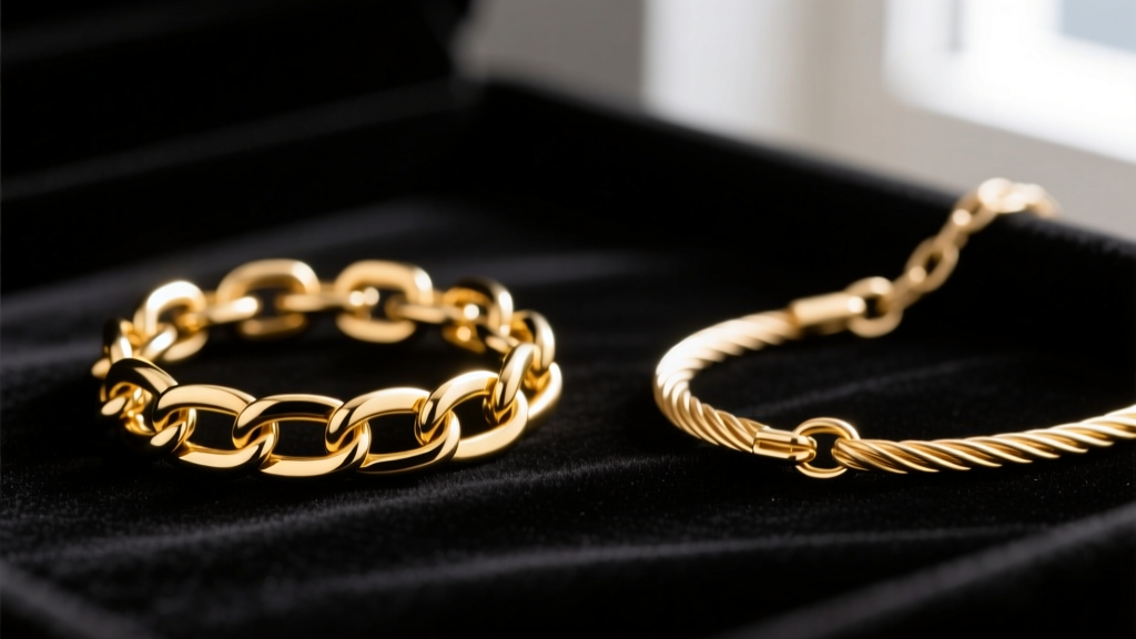 Macro shot of a 1.2mm gold box chain and delicate cable chain, highlighting interlocking links on a dark velvet background.