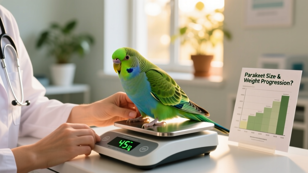 Close-up of a veterinarian gently weighing a parakeet on a digital gram scale during a wellness checkup