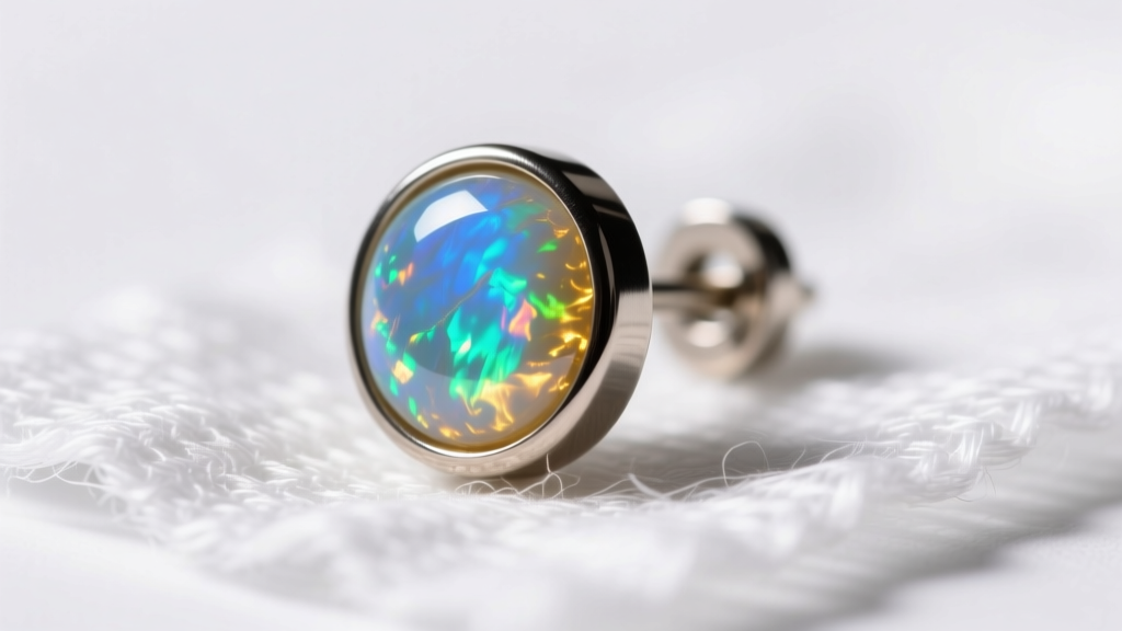 Close-up of a 14-gauge titanium threadless flat back earring with an opal end resting on sterile gauze under bright light.