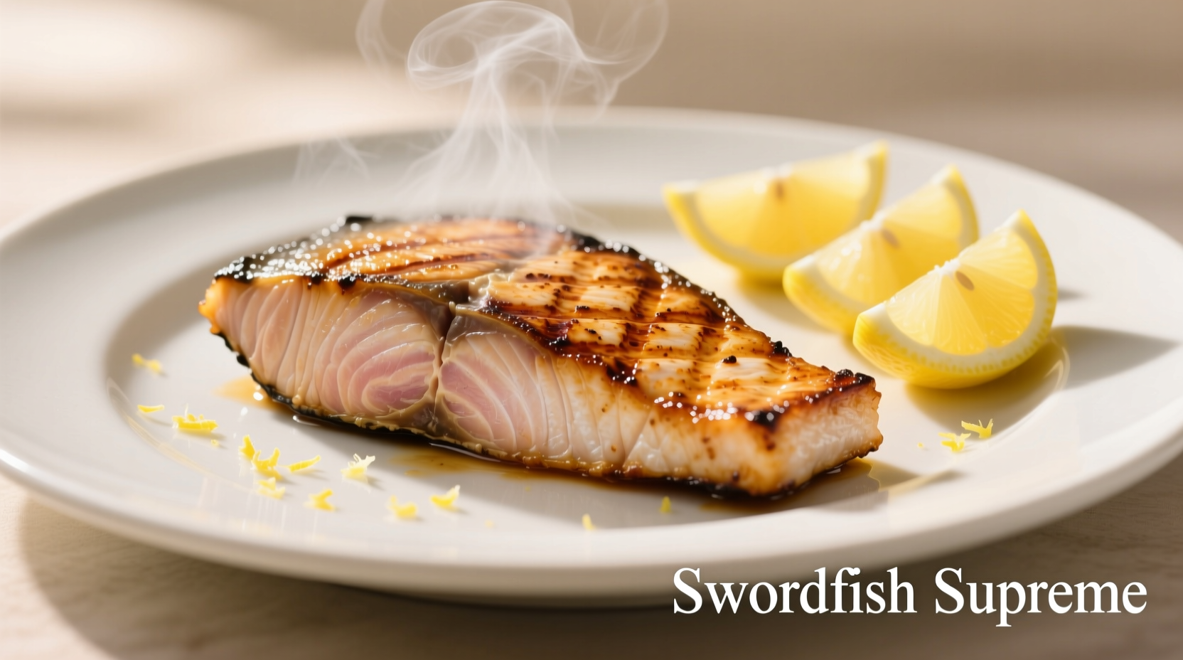 Perfectly seared swordfish steak with lemon wedges