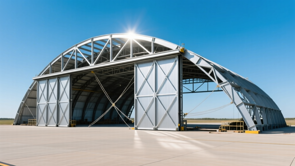 Wide shot of a partially constructed steel arch airplane hangar with a bifold door frame, set against a clear sky on a concrete apron