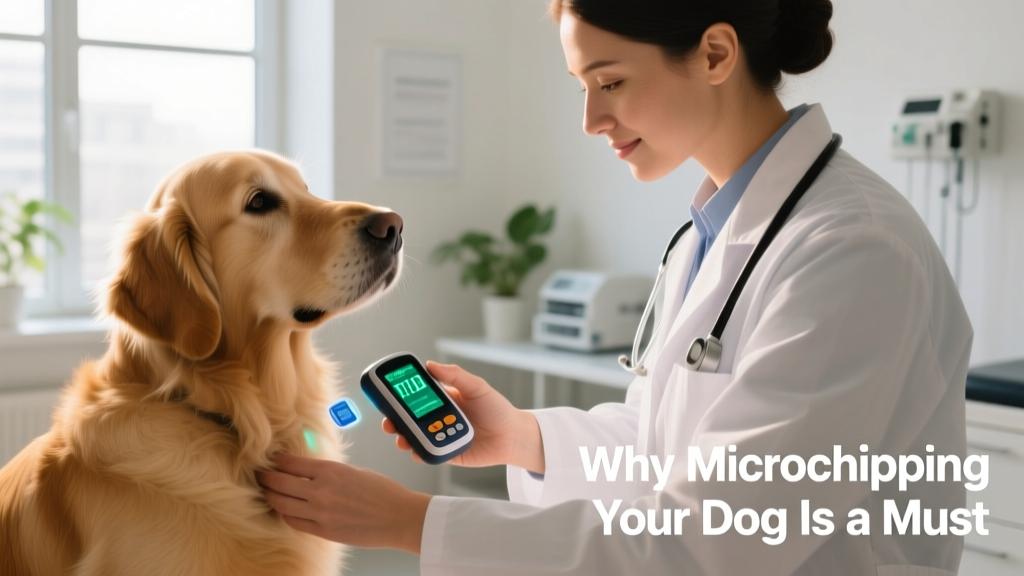 A veterinarian gently scanning a dog’s shoulder area with a handheld microchip reader