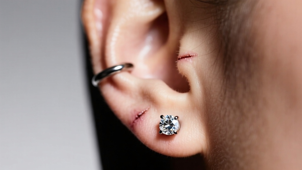 Close-up of a healed helix piercing wearing a 16-gauge titanium flatback earring with a diamond, under soft studio lighting.