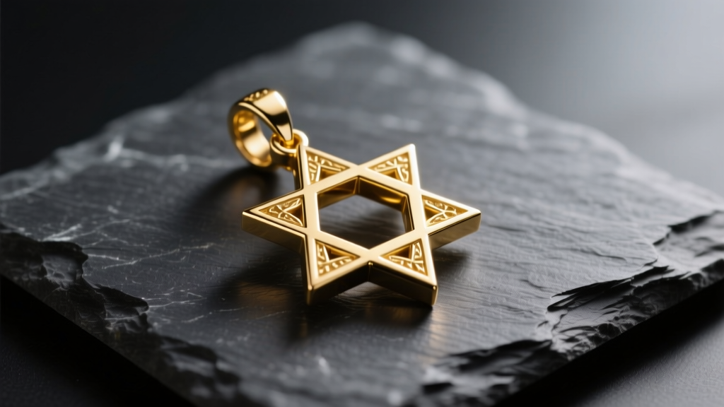 Polished 14k yellow gold Star of David pendant on dark slate, lit by soft studio lighting to highlight the geometric edges.