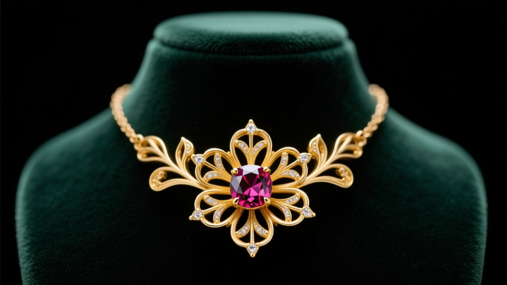 Close-up of a 14k yellow gold ruby flower necklace on a dark velvet bust, soft lighting highlighting the red gemstone facets.