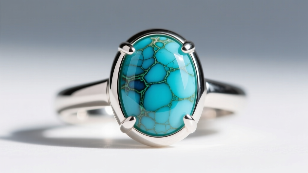 Macro photography of a natural turquoise cabochon set in a sterling silver bezel, showing subtle matrix webbing, bright daylight.