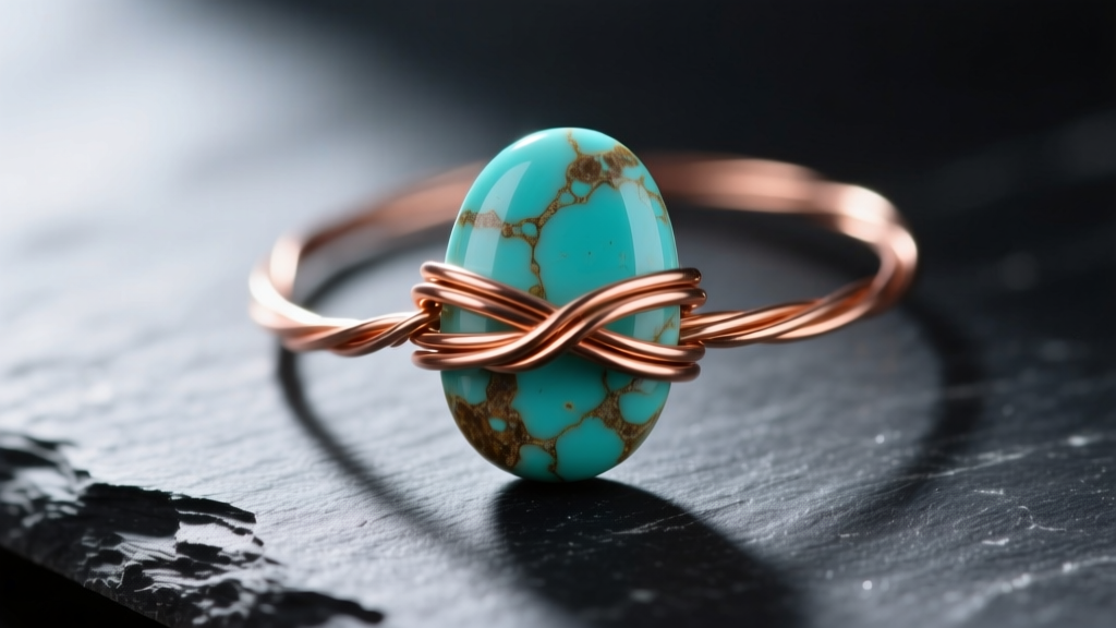 Macro shot of 24-gauge copper wire woven around a raw turquoise cabochon on dark slate with soft directional lighting.