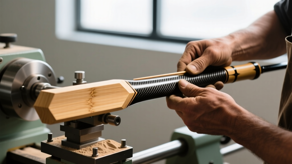 Close-up of a craftsman sanding a hexagonal engineered bamboo and carbon fiber hybrid fly rod blank on a precision lathe