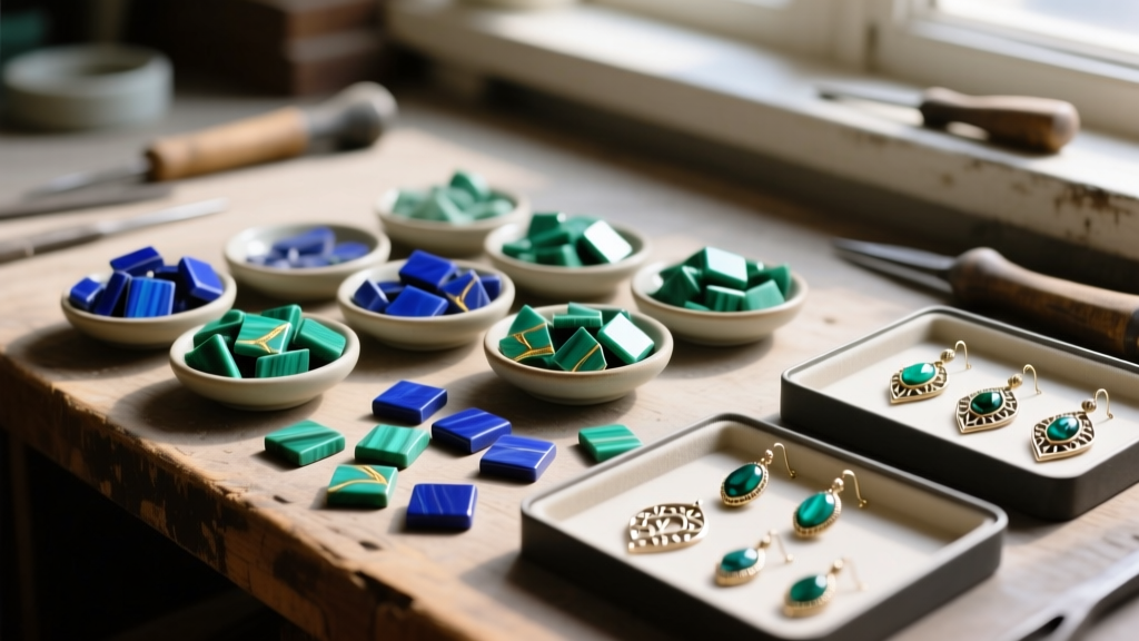 Jeweler workbench with loose lapis and malachite tesserae next to unfinished pietra dura stud earring metal setting trays
