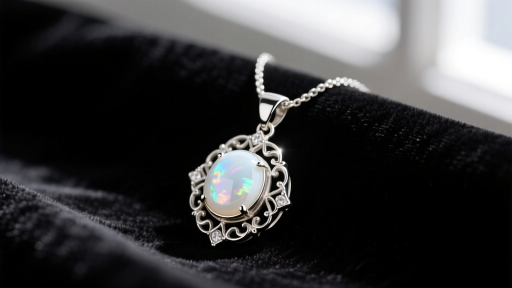 Close-up of a vintage Avon silver-tone pendant necklace with a milky white simulated opal stone resting on dark velvet display
