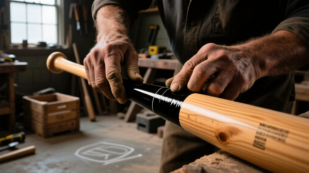 Close-up of a craftsman applying black polyurethane grip tape to the handle of a professional-grade northern hard maple baseball bat in a dusty workshop