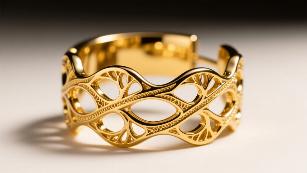 Macro shot of an avant-garde 18k yellow gold ear cuff with fractal textured branches under dramatic studio lighting