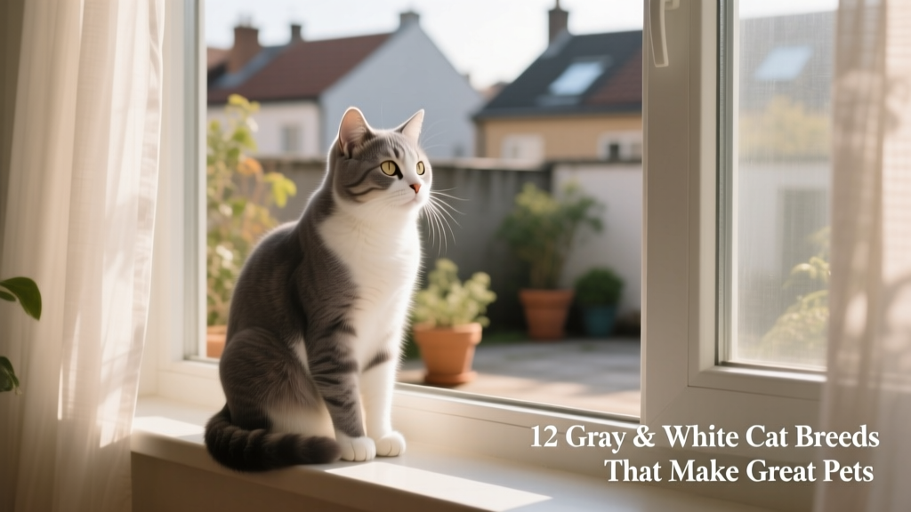 A serene gray and white domestic shorthair cat sitting on a sunlit windowsill