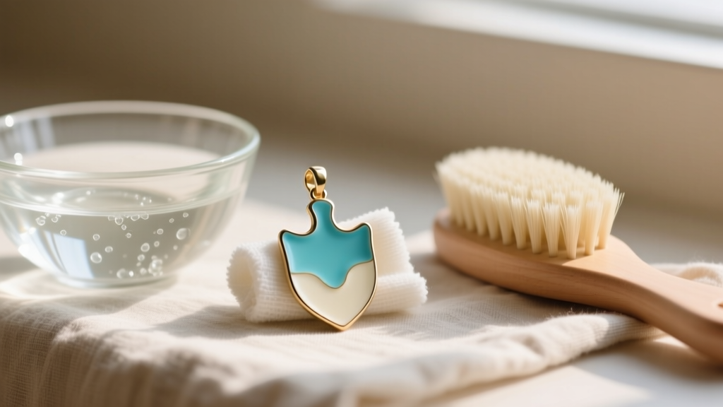 A small glass bowl of mild soapy water and a soft baby hair brush next to a spade-shaped enamel pendant being gently cleaned