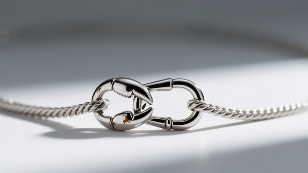 Close-up of a sterling silver lobster clasp on a long rope chain, showing minor tarnish buildup near the jump ring