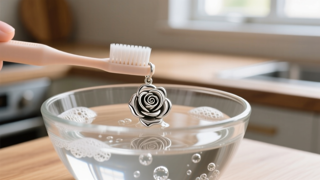 Soft baby toothbrush gently scrubbing crevices of a silver rose earring submerged in a glass bowl of mild soapy water.