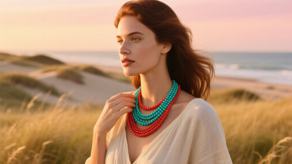 Woman wearing a turquoise and red coral necklace over a cream linen top, showcasing bohemian style in warm, golden sunset light.