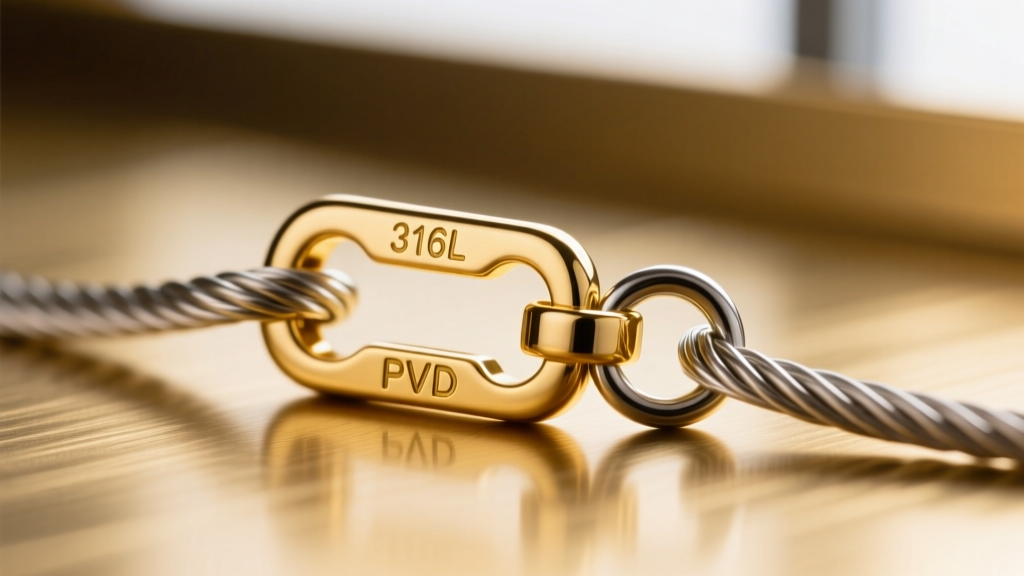 Macro shot of a 12mm lobster clasp on a 1.2mm PVD gold plated 316L stainless steel cable chain showing the stamp and jump ring