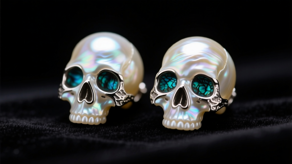 Macro shot of pearl skull earrings on dark velvet, showing iridescent nacre and oxidized silver eye sockets in soft light