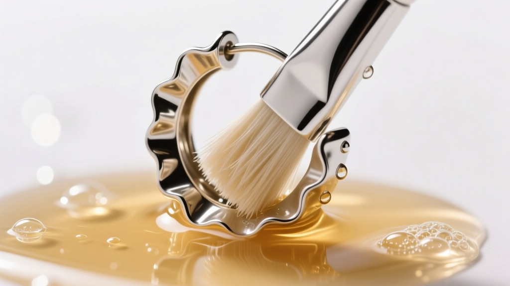 Soft brush gently scrubbing the crevices of a silver scalloped hoop earring in a mild, warm soapy jewelry cleaning solution.