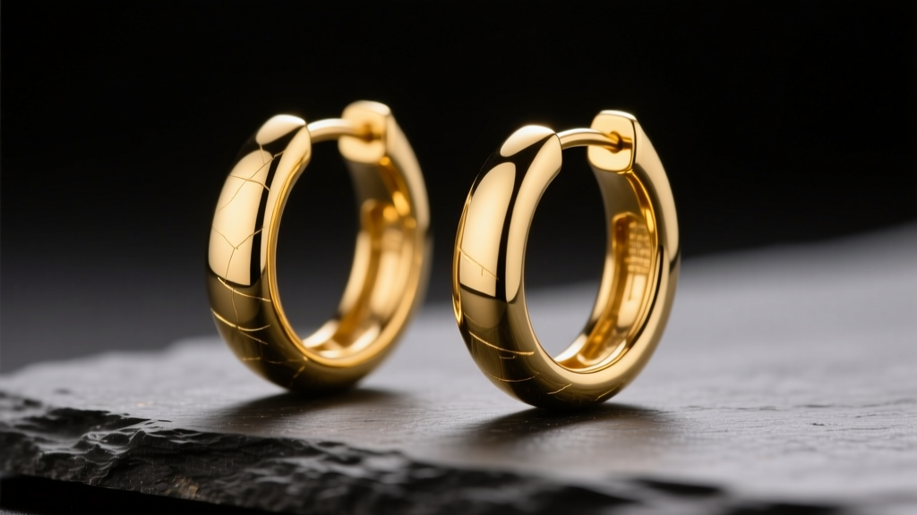 Macro shot of 10 karat yellow gold hoop earrings on dark slate, lit by warm studio lighting to show metal texture.