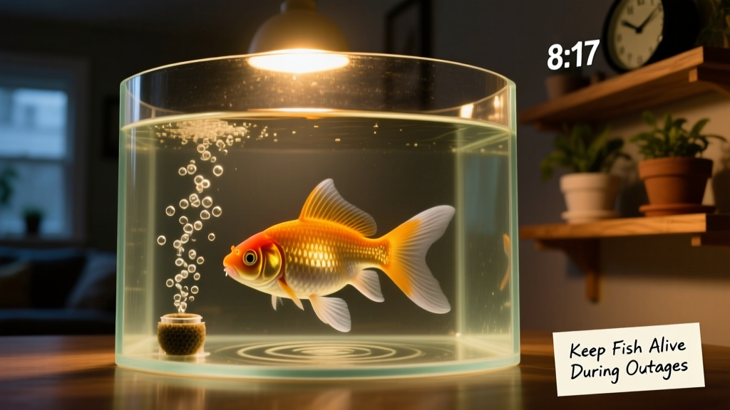 Healthy fish resting calmly in a dimly lit aquarium with visible surface bubbles from an airstone