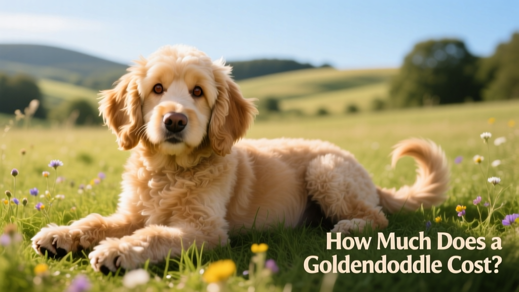 A friendly Goldendoodle lying contentedly in a sunlit field, ears flopping gently.