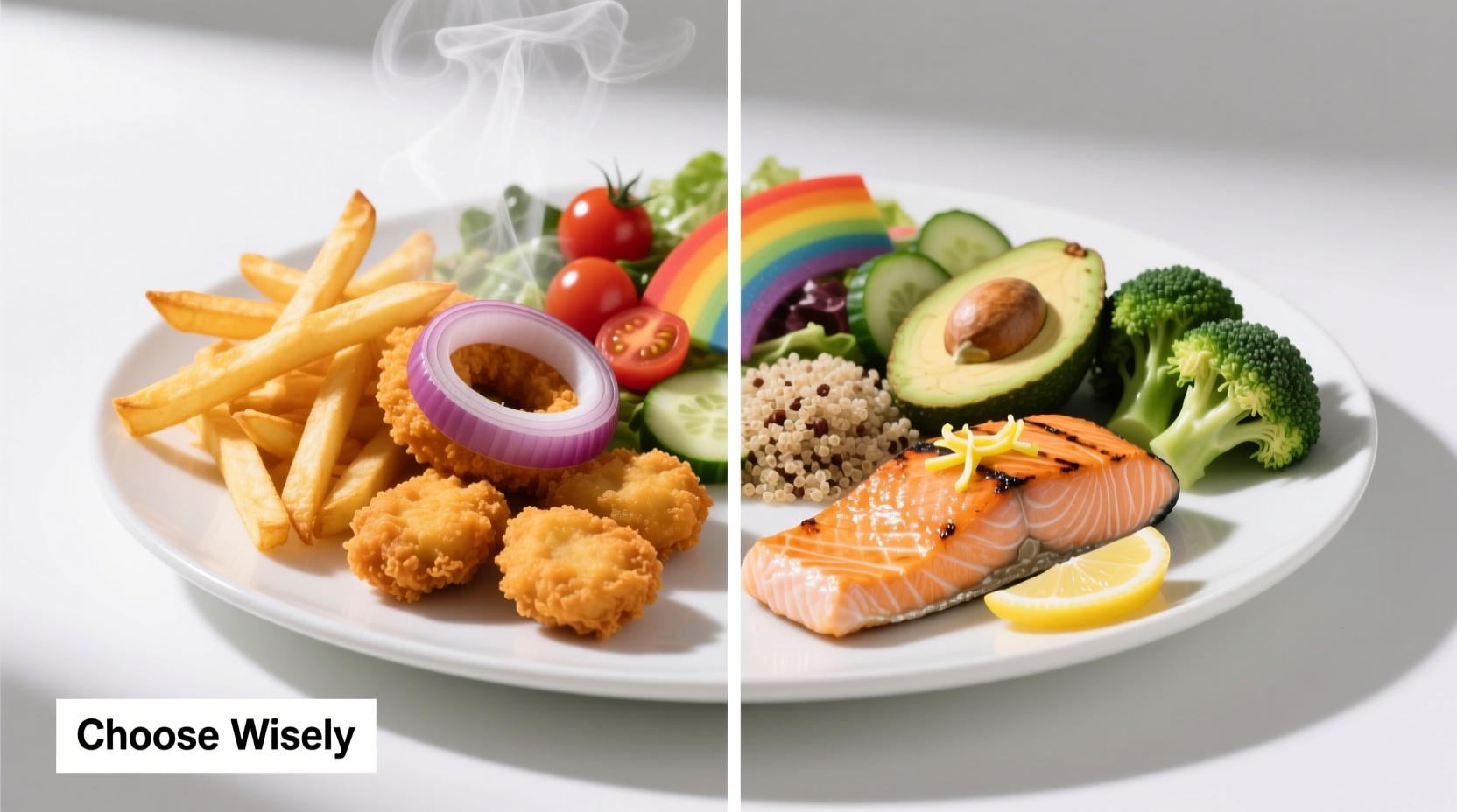 Plate of fried foods next to healthier alternatives