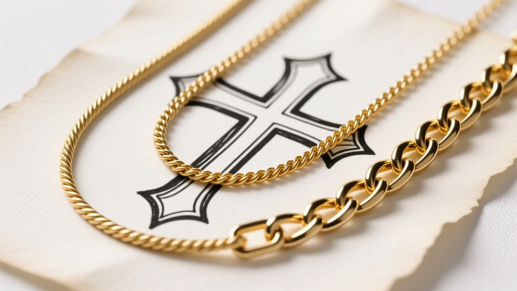 A flat lay of three gold chains: 0.8mm cable, 2mm rope, and 4mm Cuban link, resting on a sketch of a bold traditional cross tattoo.