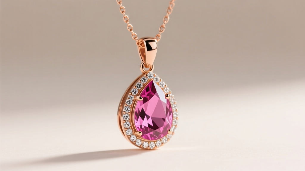 Side profile of a rose gold pendant featuring a pear-shaped pink ruby surrounded by a micro-pave diamond halo on a delicate chain