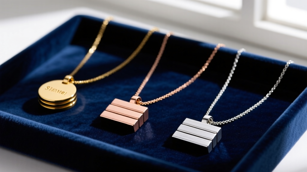 Close-up of 3 name necklace layouts with interlocking circles and stacked bars resting on a dark navy velvet display tray