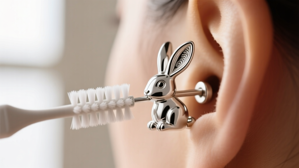 Close-up of a soft-bristled interdental brush gently cleaning the intricate ear crevices of a sterling silver 3D rabbit stud