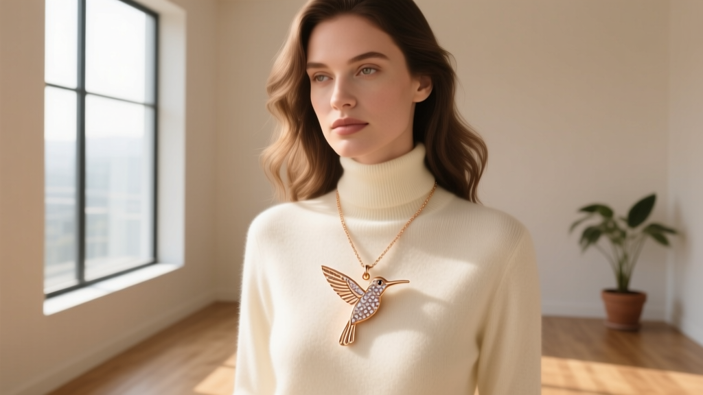 Woman wearing a 14k rose gold hummingbird pendant over a cream cashmere turtleneck, illuminated by soft natural window light.