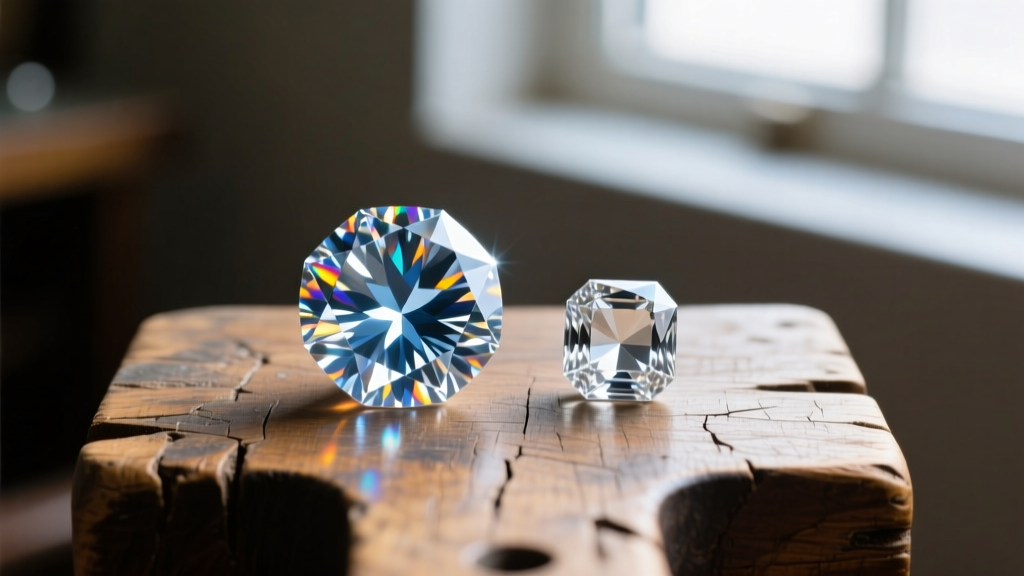 A brilliant diamond and a paste simulant under 10x loupe magnification resting on a scarred wooden jeweler's work bench.