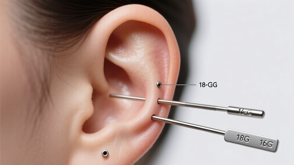 Ear diagram highlighting helix, tragus, and lobe piercings with corresponding 18-gauge and 16-gauge earring thickness markers