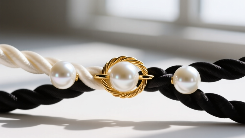 Macro shot of three knotted silk strings holding round white pearls, highlighting the gold French wire gimp near a clasp