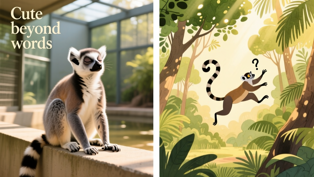 Side-by-side comparison: lemur sunbathing in zoo setting vs. illustration of Madagascar landscape with wild lemurs