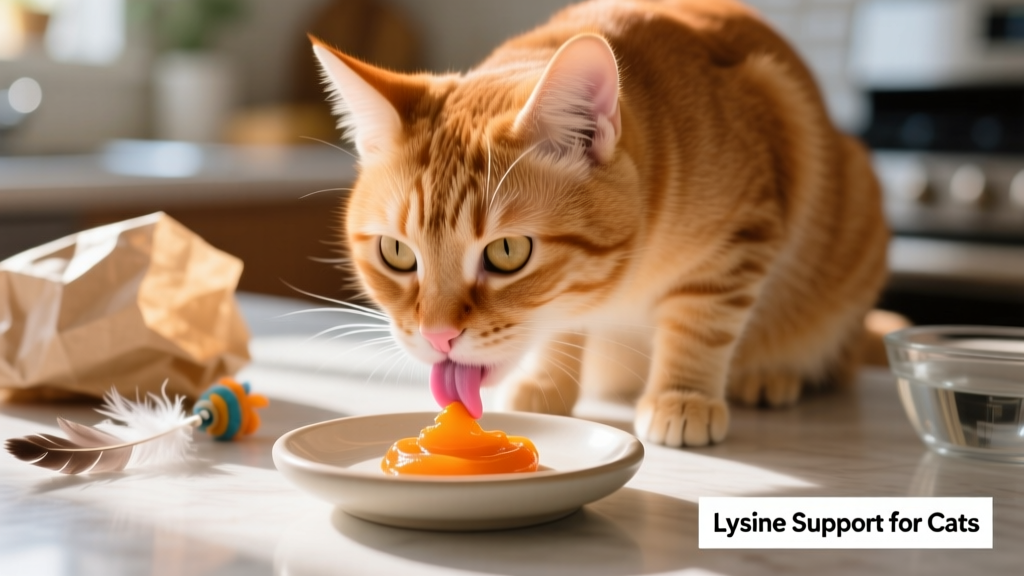 Close-up of a cat licking a flavored lysine supplement paste from a small dish