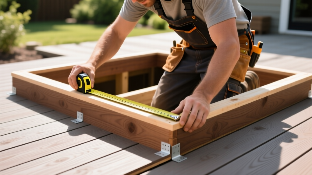 Carpenter measuring a 10x10 pressure-treated wood deck frame with a tape measure while installing hidden composite decking boards
